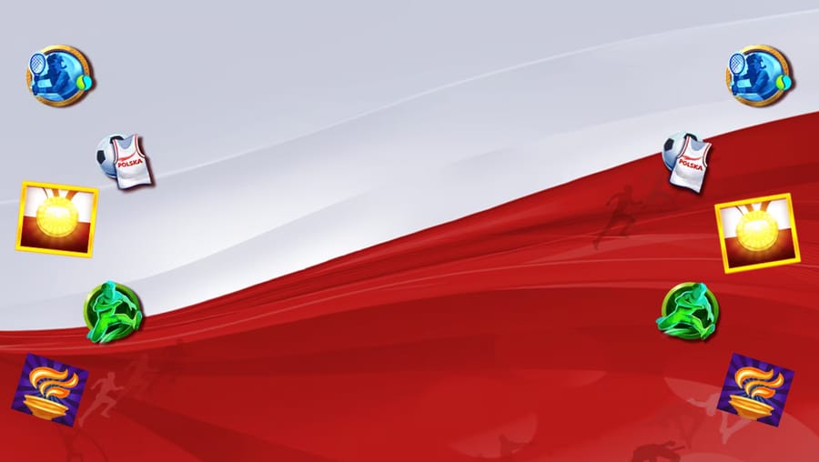 Motyw gry Biało-Czerwona Drużyna: powiewająca biało-czerwona flaga i kafelki sportowe