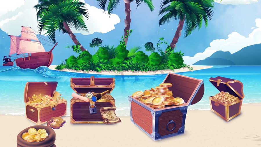 Motyw gry Wyspa Skrzyń: tropikalna plaża z otwartymi skrzyniami i żaglowcem w zatoce